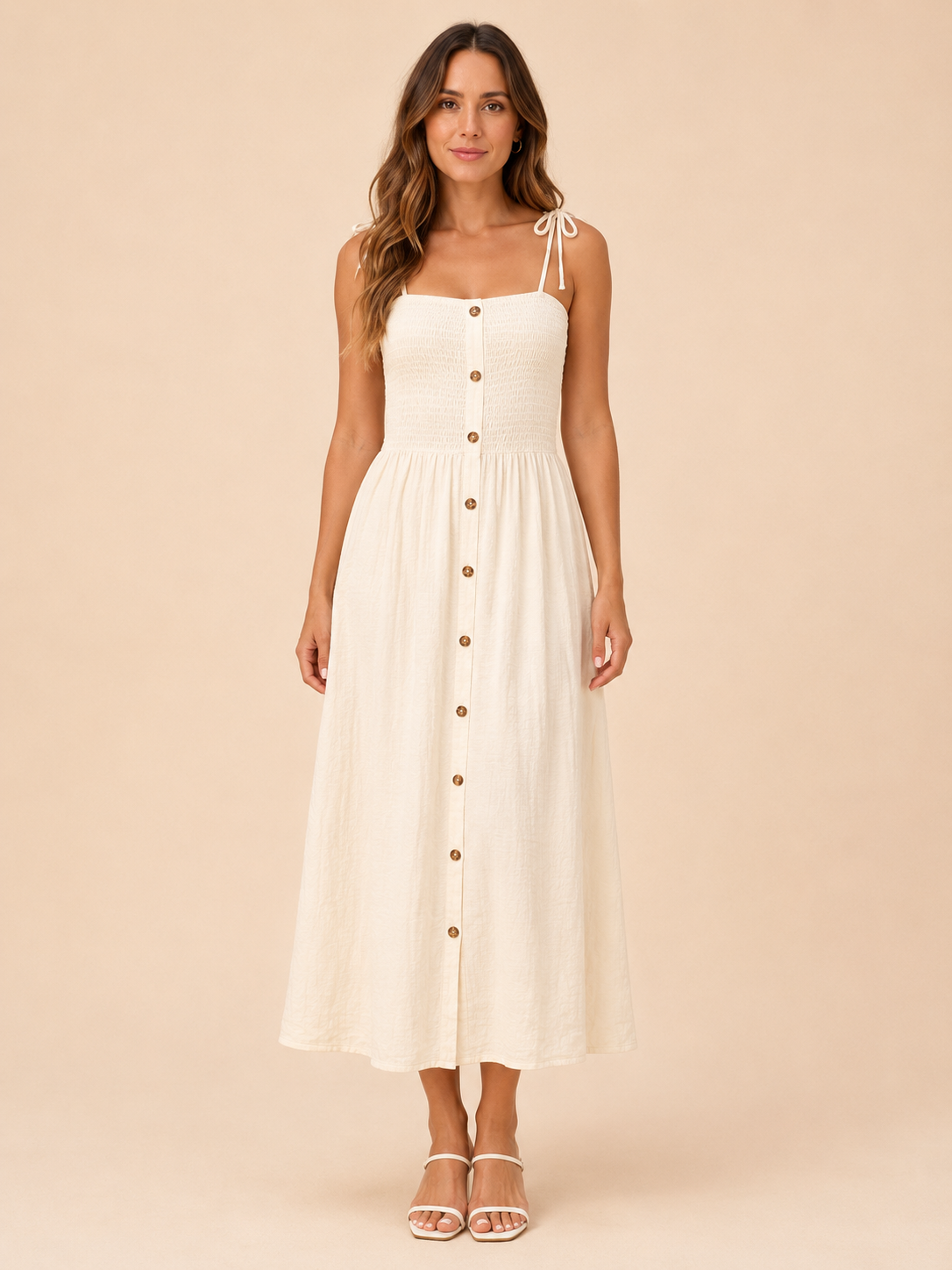 Ivory Button Front Midi Dress