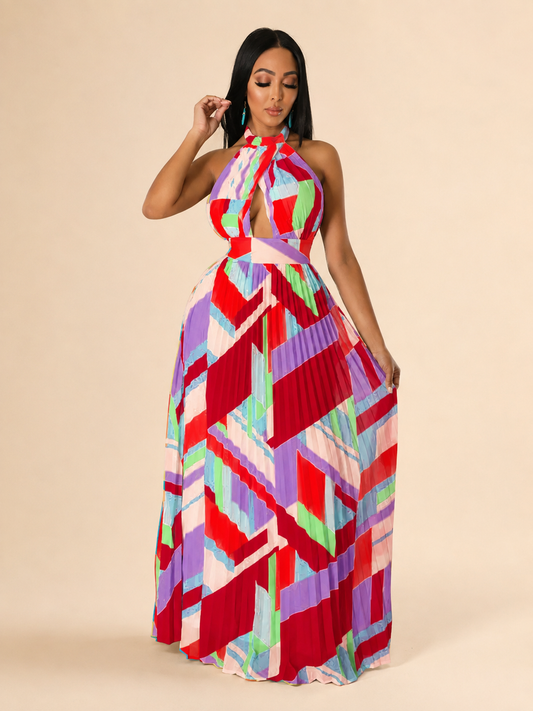 Halter Neck Geometric Maxi Dress